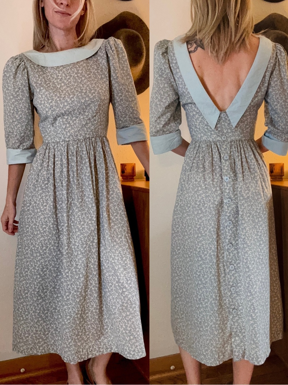 VTG Kate Conover Ditsy Floral Midi Dress 6 Prairie Cottage Country Blue Pastoral